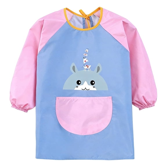 CONZONE Girls Summer Tops Long Sleeve Cartoon Graphic Painting Smock With Front Pocket For Girls Crew Neck Soft Children T-Shirts Size 1-4 Years Pink