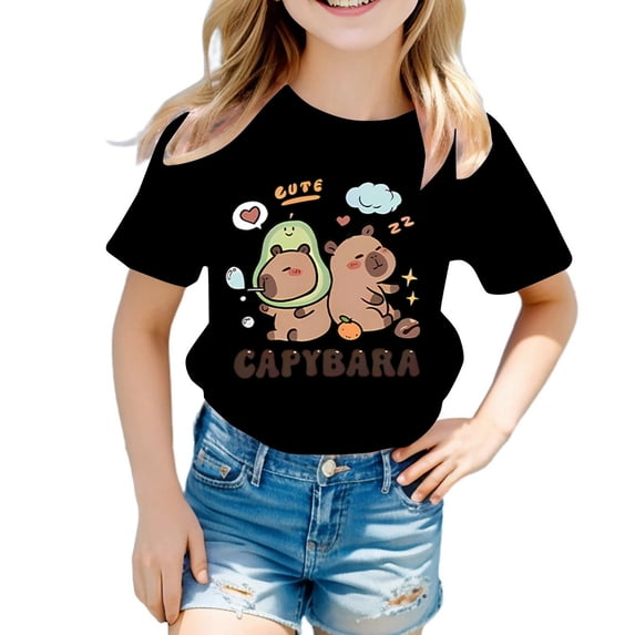 CONZONE Girls Summer Tops Short Sleeve Cartoon Letter Graphic Shirts For Girls Crew Neck Cozy Toddler T Shirts Size 2-4 Years Black