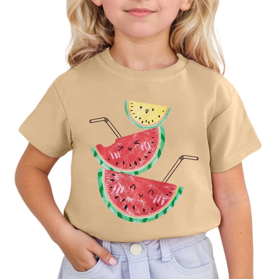 CONZONE Girls Summer Tops Short Sleeve Cartoon Watermelon Graphic Tshirts For Girls Crew Neck Breathable Children T-Shirts Size 5-6 Years Khaki