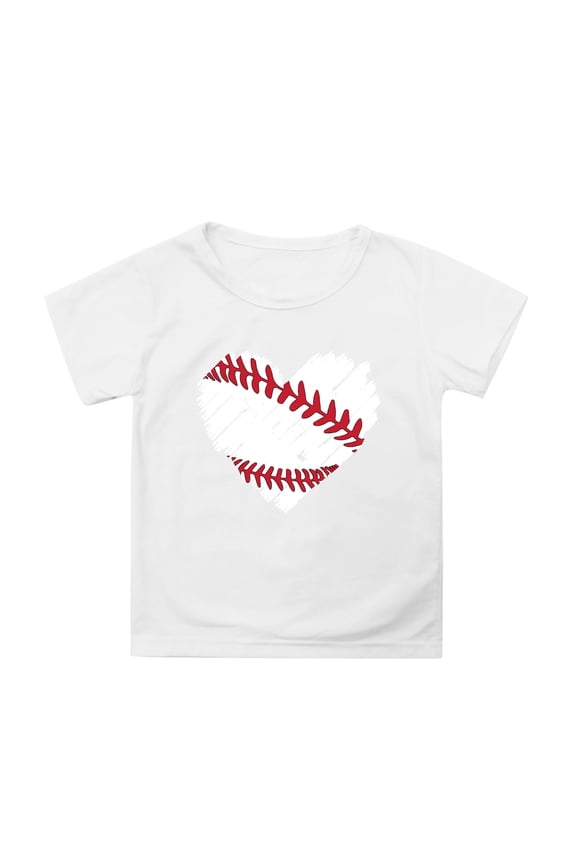Girls Summer Tops Short Sleeve Heart Baseball Graphic Tshirts For Girls Crew Neck Soft Children Tees Size 10-11 Years White