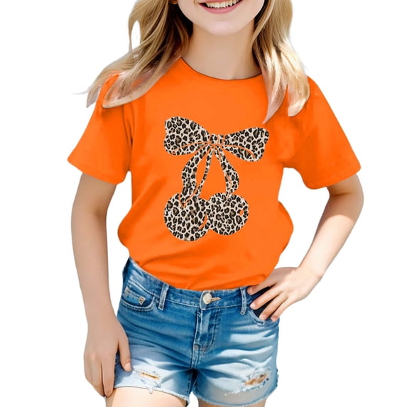 CONZONE Girls Summer Tops Short Sleeve Leopard Cherry Graphic Tshirts For Girls Crew Neck Soft Children T-Shirts Size 10-11 Years Orange
