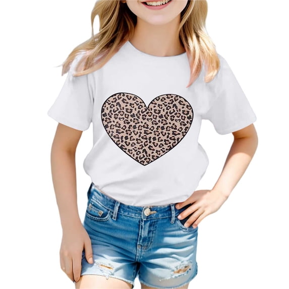 CONZONE Girls Summer Tops Short Sleeve Leopard Heart Graphic Tshirts For Girls Crew Neck Soft Children T-Shirts Size 10-11 Years White