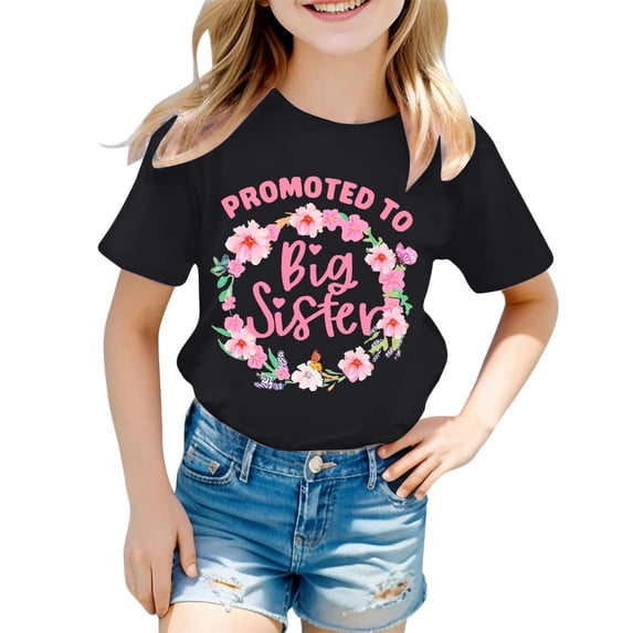 CONZONE Girls Summer Tops Short Sleeve Letter Big Sister Floral Graphic Tshirts For Girls Crew Neck Casual Toddler T-Shirts Size 4-5 Years Black