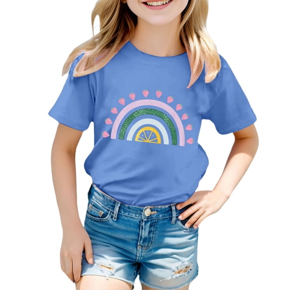 CONZONE Girls Summer Tops Short Sleeve Rainbow Graphic Tshirts For Girls Crew Neck Soft Toddler T-Shirts Size 12-13 Years Blue