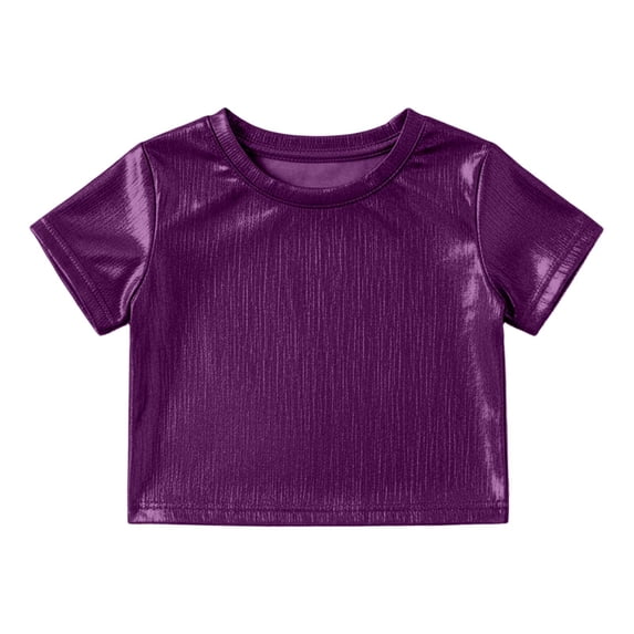 CONZONE Girls Summer Tops Short Sleeve Solid Color Crop Tops For Girls Crew Neck Fashion Dance Performance Children T-Shirts Size 9-10 Years Purple