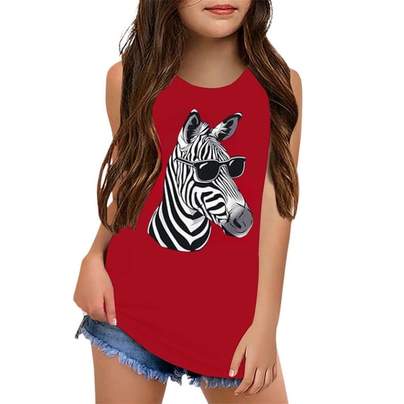 CONZONE Girls Summer Tops Sleeveless Animal Graphic Tshirts For Girls Crew Neck Soft Toddler T-Shirts Size 6-7 Years Red