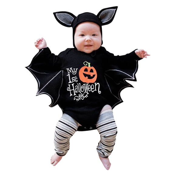CONZONE Halloween Bat Romper for Boys Printed Long Sleeve Hallowmas Jumpsuit with Cap for Kids Funny Child Onesie Size 18-24 Months