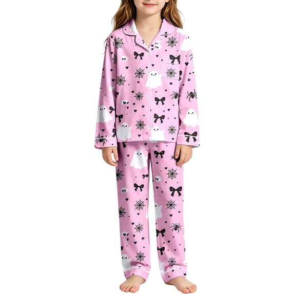 CONZONE Halloween Big Girls Pajamas Graphic Pjs Set Hallowmas Jammies Long Sleeve Button Down Shirts Pants 2 Piece Sleepwear Loungewear for Kids