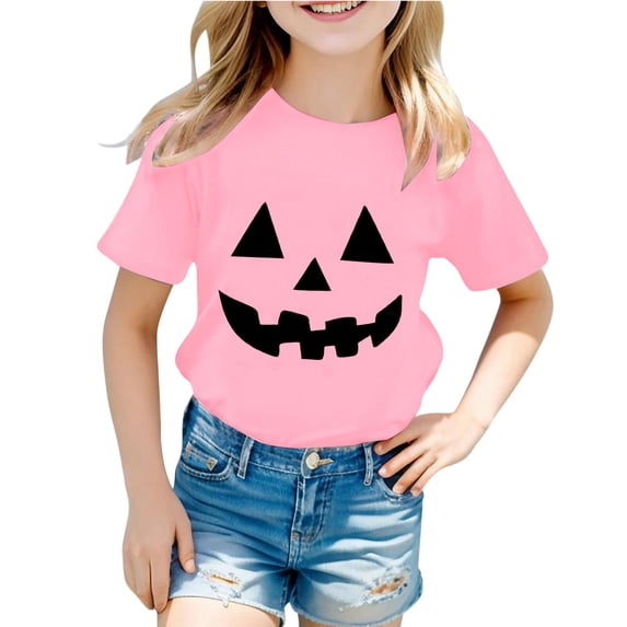 CONZONE Halloween Big Girls T Shirts Short Sleeve Pumpkin Face Graphic Tees for Girls Crew Neck Funny Tops
