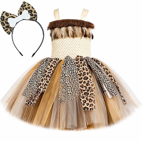 CONZONE Halloween Costume Dresses for Big Girls Strappy Hallowmas Leopard Graphic Dress Set Funny Party Stage Dress Up Clothes