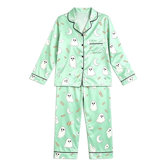 CONZONE Halloween Girls Pajamas Set Little Girls Printed Long Sleeve Button Down Tops and Pants Hallowmas Sleepwear Cozy 2 Piece Pjs Set for Girls Size 5-6 Years
