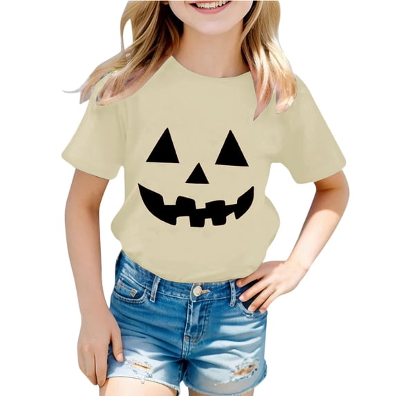 CONZONE Halloween Infant Girls T Shirts Short Sleeve Pumpkin Face Graphic Tees for Girls Crew Neck Funny Tops