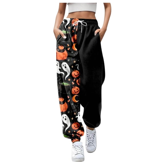 CONZONE Halloween Joggers for Women Baggy High Elastic Waist Drawstring Joggers for Women Wide Leg Hallowmas Printed Fall Winter Sports Pants with Pockets