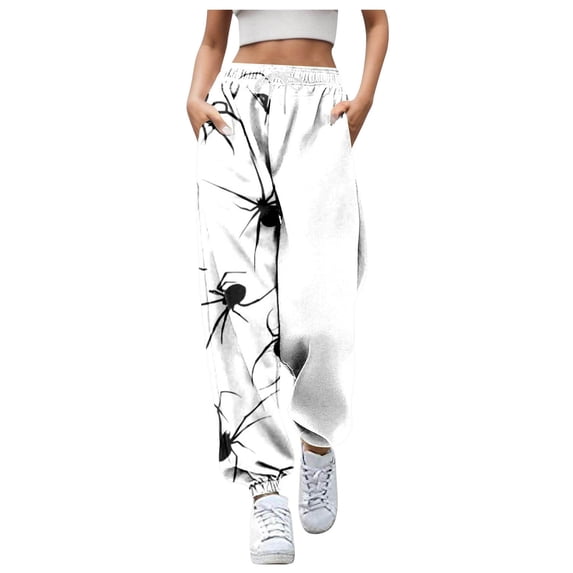 CONZONE Halloween Joggers for Women Baggy High Elastic Waist Drawstring Joggers for Women Wide Leg Hallowmas Printed Fall Winter Sports Pants with Pockets
