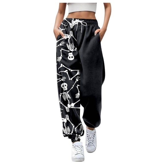 CONZONE Halloween Joggers for Women Baggy High Elastic Waist Drawstring Joggers for Women Wide Leg Hallowmas Printed Fall Winter Sports Pants with Pockets