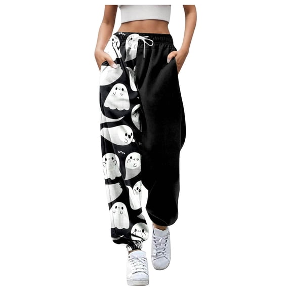 CONZONE Halloween Joggers for Women Baggy High Elastic Waist Drawstring Joggers for Women Wide Leg Hallowmas Printed Fall Winter Sports Pants with Pockets