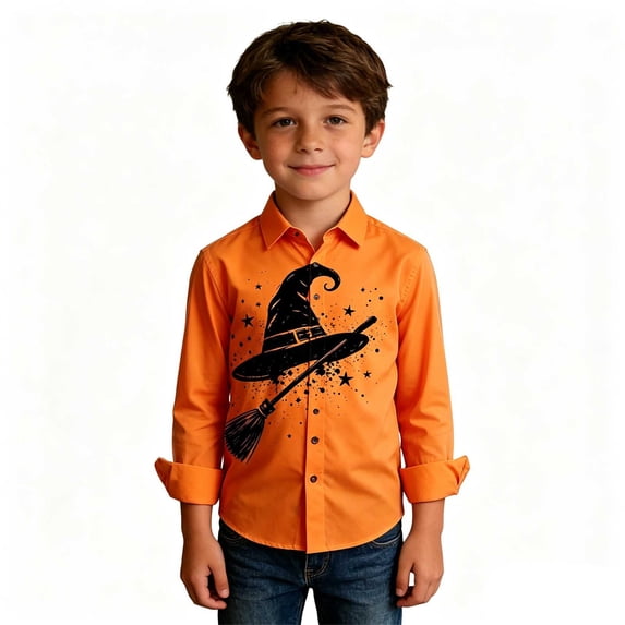 CONZONE Halloween Little Boys Shirts Long Sleeve Graphic Shirt for Boys Lapel Neck Button Down Spooky Season Fashion Tops