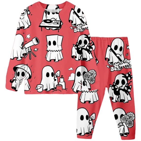 CONZONE Halloween Little Girls Pajamas Ghost Pjs Set Hallowmas Jammies Long Sleeve Button Down Shirts Pants 2 Piece Sleepwear Loungewear for Kids