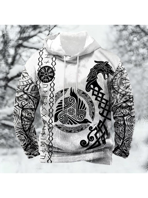 Halloween Men's Viking Hoodies Long Sleeve Hallowmas Pullover Hoodie for Men Norse Mythology Graphic Y2K Hooded Sweatshirts With Pocket