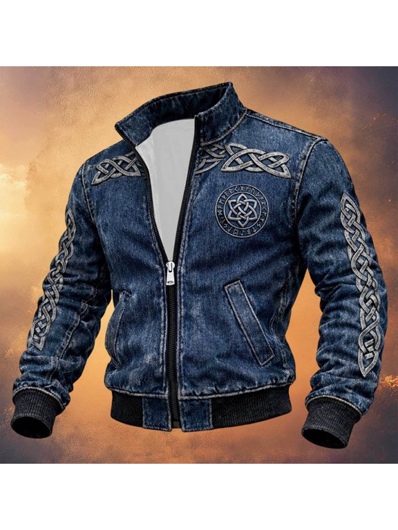 Halloween Men's Bomber Jacket Full Zip Up Viking Jacket for Men Lightweight Norse Mythology Graphic Y2K Fall Windbreaker Jackets With Pockets