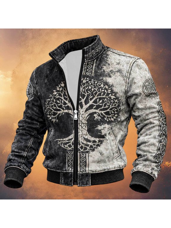Halloween Men's Bomber Jacket Full Zip Up Viking Jacket for Men Lightweight Norse Mythology Graphic Y2K Fall Windbreaker Jackets With Pockets