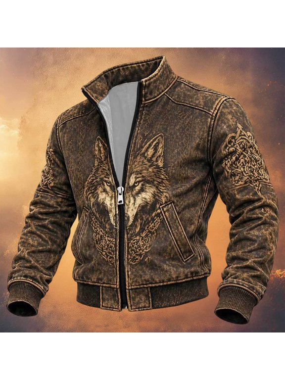Halloween Men's Bomber Jacket Full Zip Up Viking Jacket for Men Lightweight Norse Mythology Graphic Y2K Fall Windbreaker Jackets With Pockets