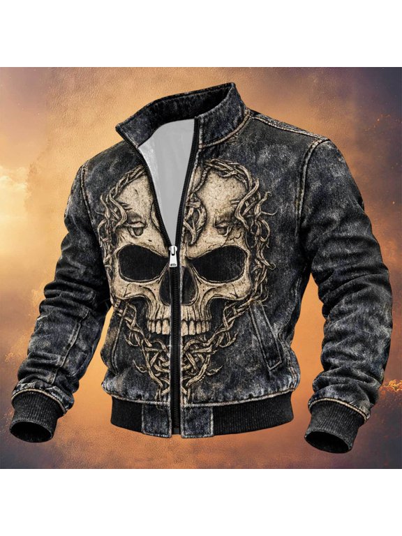 Halloween Men's Bomber Jacket Full Zip Up Viking Jacket for Men Lightweight Norse Mythology Graphic Y2K Fall Windbreaker Jackets With Pockets
