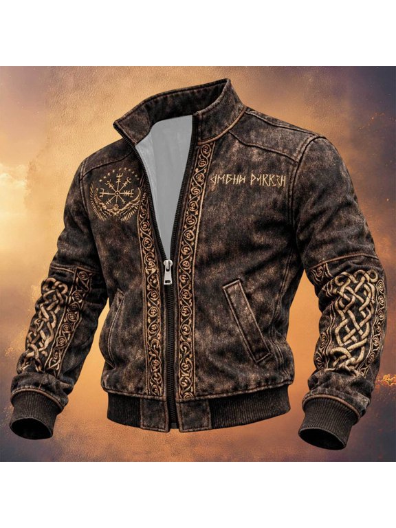 Halloween Men's Bomber Jacket Full Zip Up Viking Jacket for Men Lightweight Norse Mythology Graphic Y2K Fall Windbreaker Jackets With Pockets
