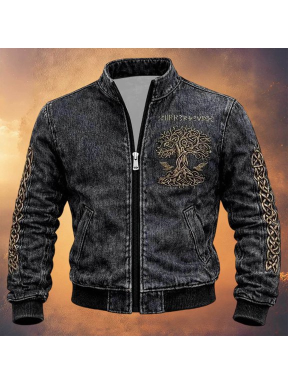 Halloween Men's Bomber Jacket Full Zip Up Viking Jacket for Men Lightweight Norse Mythology Graphic Y2K Fall Windbreaker Jackets With Pockets