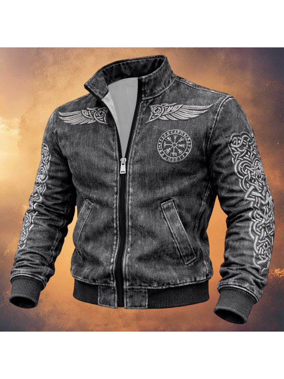 Halloween Men's Bomber Jacket Full Zip Up Viking Jacket for Men Lightweight Norse Mythology Graphic Y2K Fall Windbreaker Jackets With Pockets