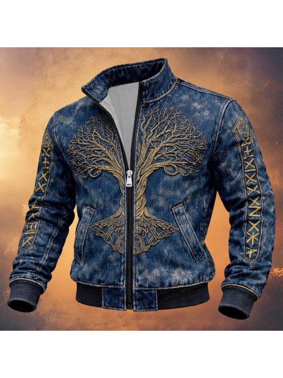 Halloween Men's Bomber Jacket Full Zip Up Viking Jacket for Men Lightweight Norse Mythology Graphic Y2K Fall Windbreaker Jackets With Pockets