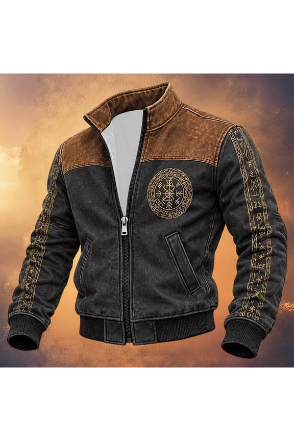 Halloween Men's Bomber Jacket Full Zip Up Viking Jacket for Men Lightweight Norse Mythology Graphic Y2K Fall Windbreaker Jackets With Pockets
