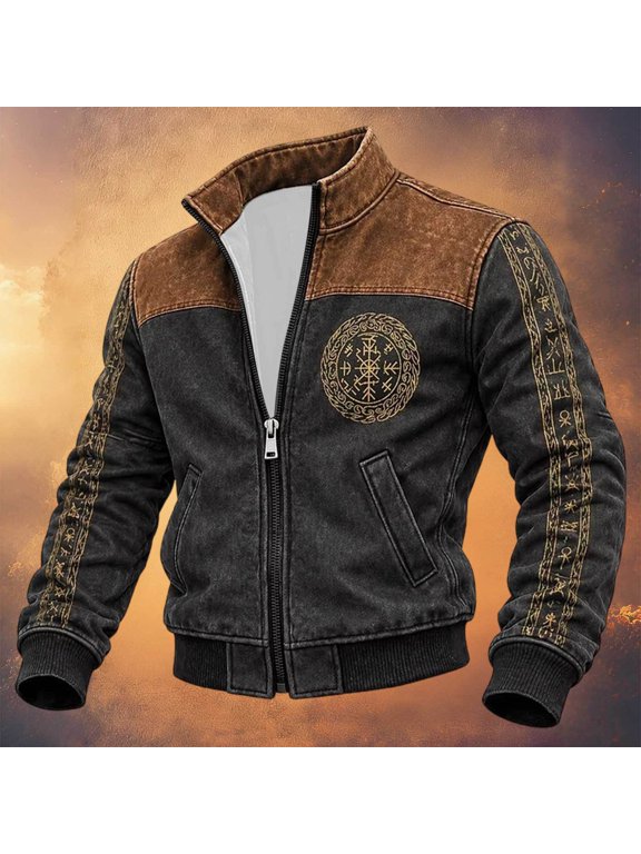 Halloween Men's Bomber Jacket Full Zip Up Viking Jacket for Men Lightweight Norse Mythology Graphic Y2K Fall Windbreaker Jackets With Pockets