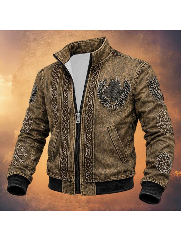 Halloween Men's Bomber Jacket Full Zip Up Viking Jacket for Men Lightweight Norse Mythology Graphic Y2K Fall Windbreaker Jackets With Pockets
