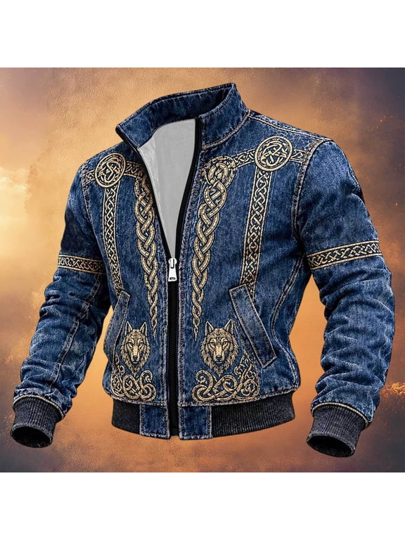 Halloween Men's Bomber Jacket Full Zip Up Viking Jacket for Men Lightweight Norse Mythology Graphic Y2K Fall Windbreaker Jackets With Pockets