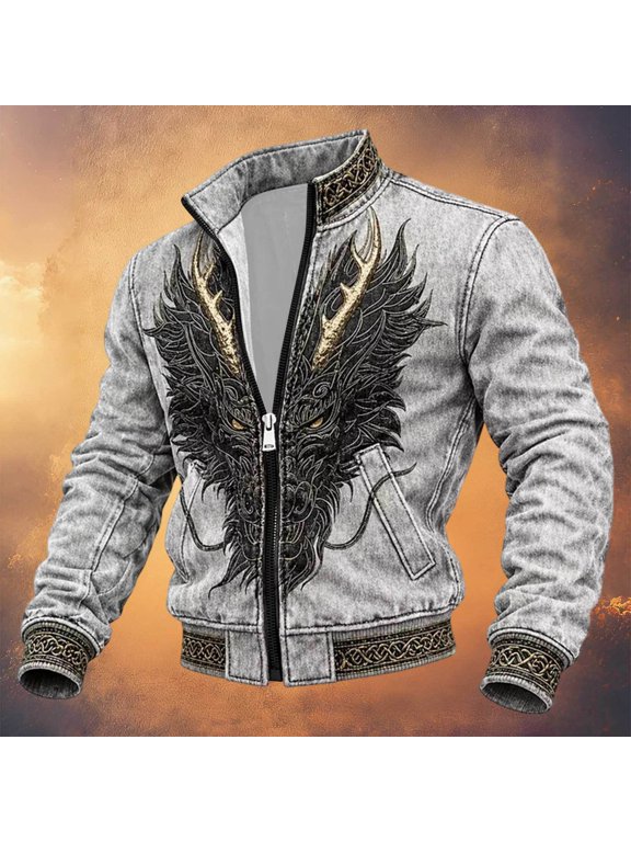 Halloween Men's Bomber Jacket Full Zip Up Viking Jacket for Men Lightweight Norse Mythology Graphic Y2K Fall Windbreaker Jackets With Pockets