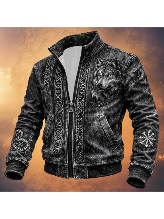 Halloween Men's Bomber Jacket Full Zip Up Viking Jacket for Men Lightweight Norse Mythology Graphic Y2K Fall Windbreaker Jackets With Pockets