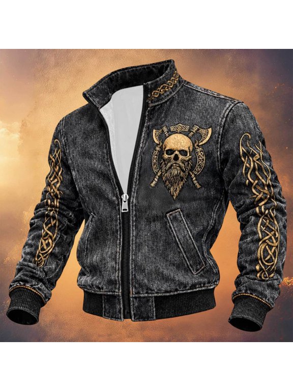 Halloween Men's Bomber Jacket Full Zip Up Viking Jacket for Men Lightweight Norse Mythology Graphic Y2K Fall Windbreaker Jackets With Pockets