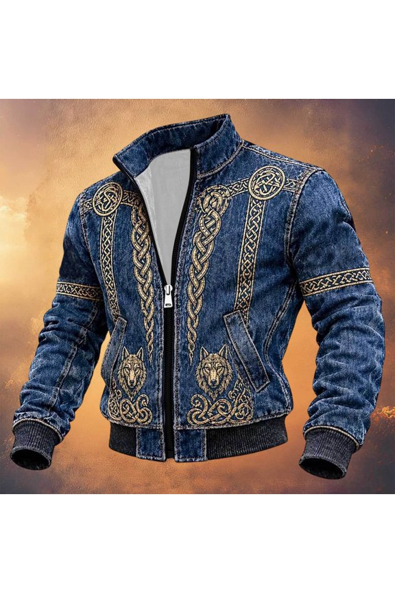 Halloween Men's Bomber Jacket Full Zip Up Viking Jacket for Men Lightweight Norse Mythology Graphic Y2K Fall Windbreaker Jackets With Pockets