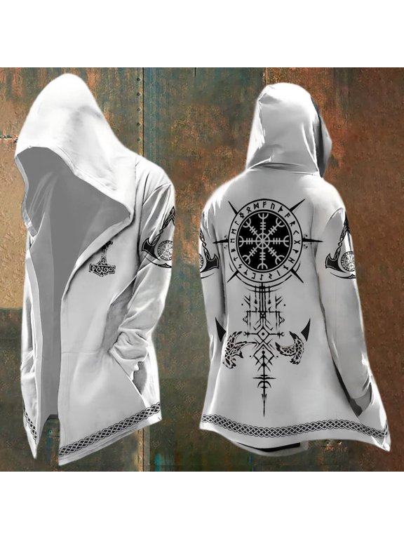 Halloween Men's Hooded Jacket Viking Jacket for Men Lightweight Norse Mythology Graphic Y2K Fall Streetwear Poncho Jackets With Pockets