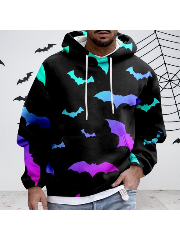 Halloween Mens Hoodies Long Sleeve Hallowmas Pullover Hoodie for Men Funny Bat Graphic Hooded Sweatshirts With Pocket