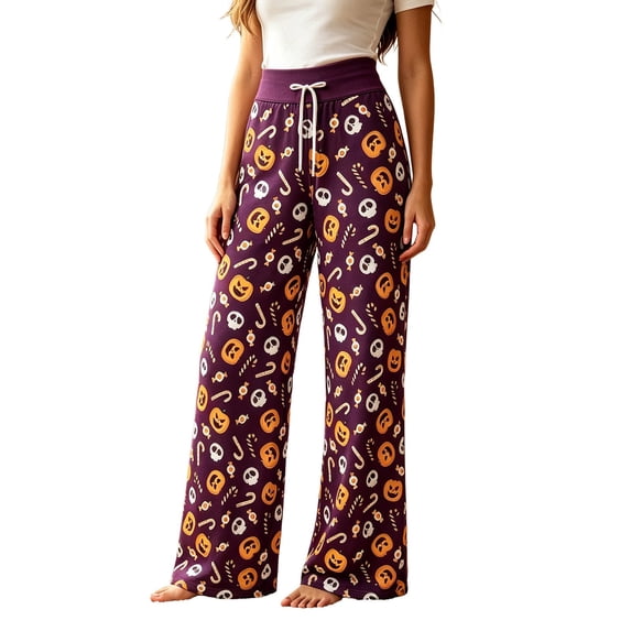 CONZONE Halloween Pajama Pants for Women Wide Leg Elastic Waist Drawstring Lounge Pants for Women Hallowmas Printed Soft Sleepewear Pjs Bottoms with Pockets