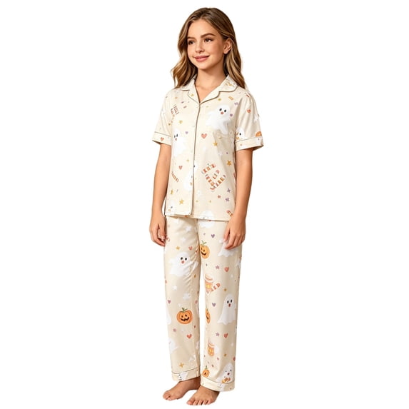 CONZONE Halloween Pajamas for Big Girls Printed Short Sleeve Button Down Tops and Pants Hallowmas Loungewear Soft 2 Piece Girls Pjs Set Size 10-11 Years