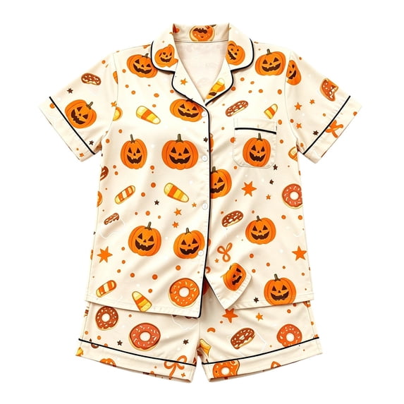 CONZONE Halloween Pajamas for Little Girls Pumpkin Print Short Sleeve Button Down Tops and Shorts Hallowmas Loungewear Cozy 2 Piece Girls Pjs Set Size 5-6 Years