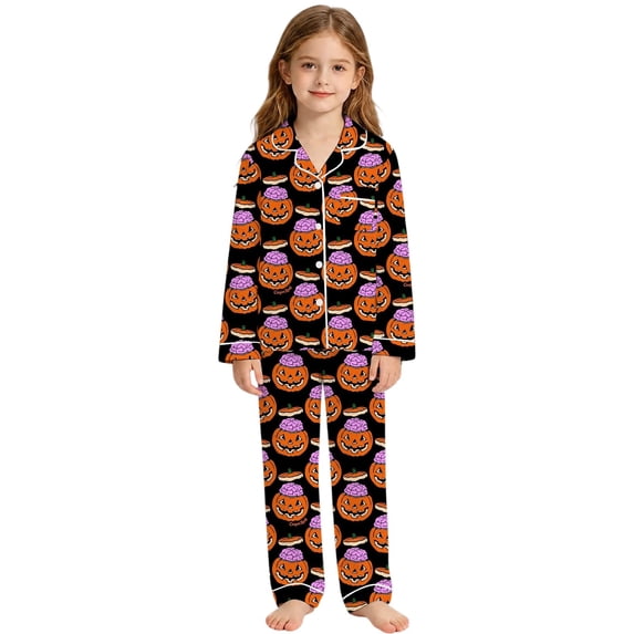 CONZONE Halloween Pajamas for Toddler Girls Printed Long Sleeve Button Down Tops and Pants Hallowmas Loungewear Soft 2 Piece Girls Pjs Set Size 3-4 Years
