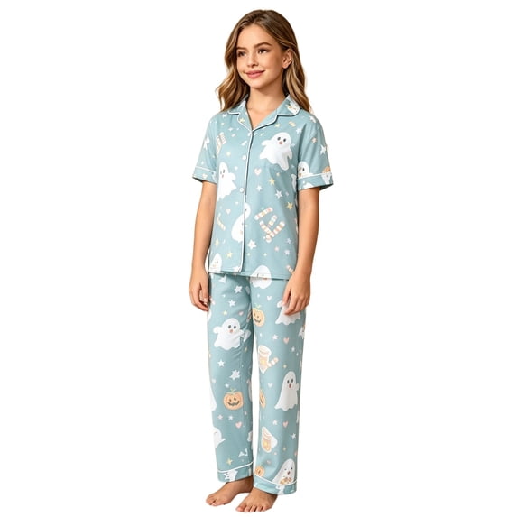 CONZONE Halloween Pajamas for Toddler Girls Printed Short Sleeve Button Down Tops and Pants Hallowmas Loungewear Soft 2 Piece Girls Pjs Set Size 3-4 Years