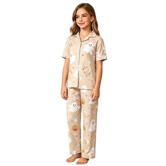CONZONE Halloween Pajamas for Toddler Girls Printed Short Sleeve Button Down Tops and Pants Hallowmas Loungewear Soft 2 Piece Girls Pjs Set Size 4-5 Years