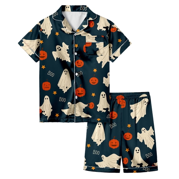 CONZONE Halloween Pajamas for Toddler Girls Printed Short Sleeve Button Down Tops and Shorts Hallowmas Loungewear Soft 2 Piece Girls Pjs Set Size 3-4 Years