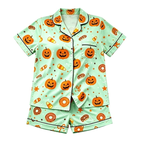 CONZONE Halloween Pajamas for Toddler Girls Pumpkin Print Short Sleeve Button Down Tops and Shorts Hallowmas Loungewear Cozy 2 Piece Girls Pjs Set Size 2-3 Years