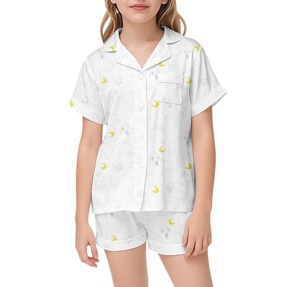 CONZONE Halloween Pajamas for Girls Ghost Pjs Set Hallowmas Jammies Short Sleeve Button Down Shirts Shorts 2 Piece Sleepwear Loungewear for Kids